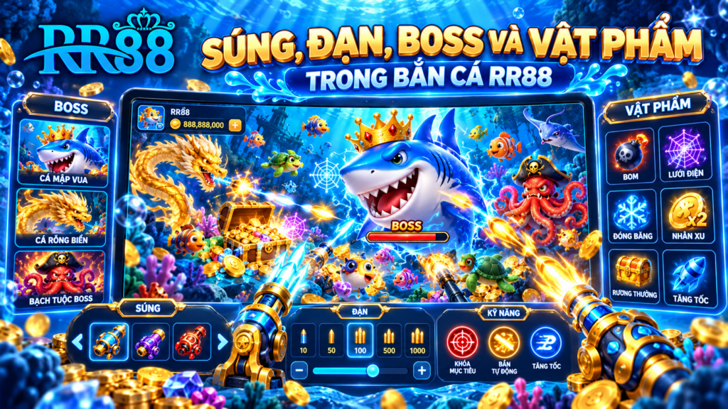 Giao diện súng, đạn, Boss và vật phẩm trong Bắn Cá RR88