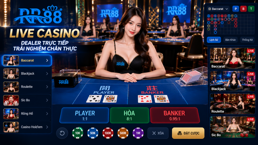 Giao diện Live Casino và dealer trực tiếp tại RR88