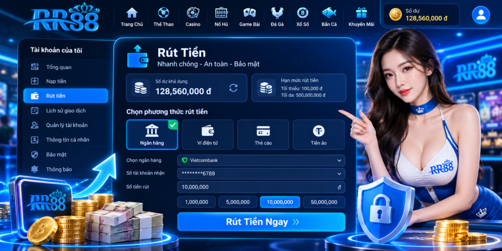 Giao diện tổng quan khu vực Rút Tiền RR88